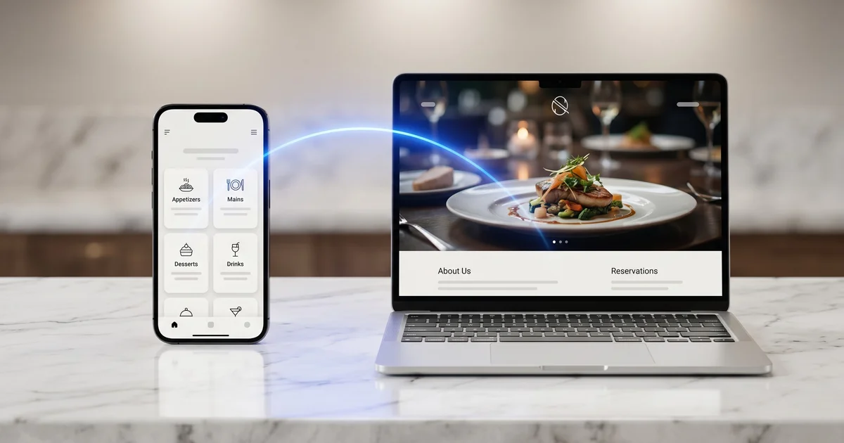 Un smartphone affichant une application de menu de restaurant et un ordinateur portable montrant le site web du restaurant, posés sur un comptoir en marbre blanc et reliés par un arc de lumière bleue