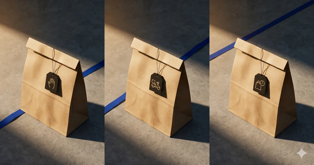 Triptyque de trois sacs en papier kraft sur béton gris, chacun avec une étiquette noire représentant un mode de retrait : main, scooter, sac avec horloge, traversé par un ruban bleu