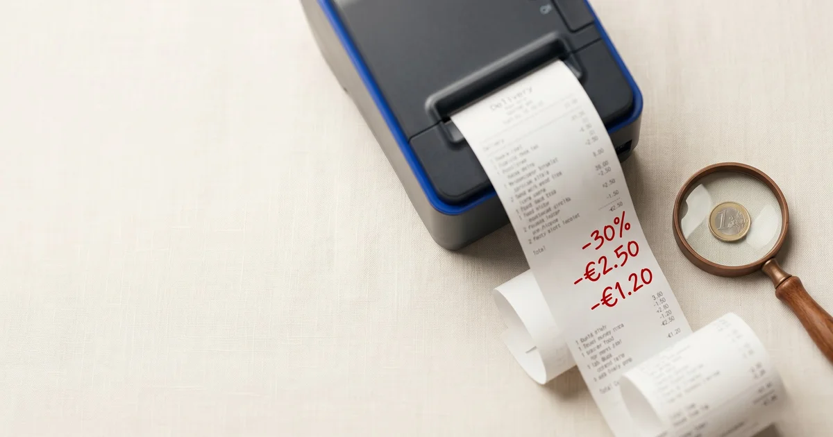 Imprimante de tickets de restaurant avec ticket de livraison déroulé affichant des déductions en rouge de 30%, 2,50€ et 1,20€ à côté d'une pièce d'un euro examinée sous une loupe