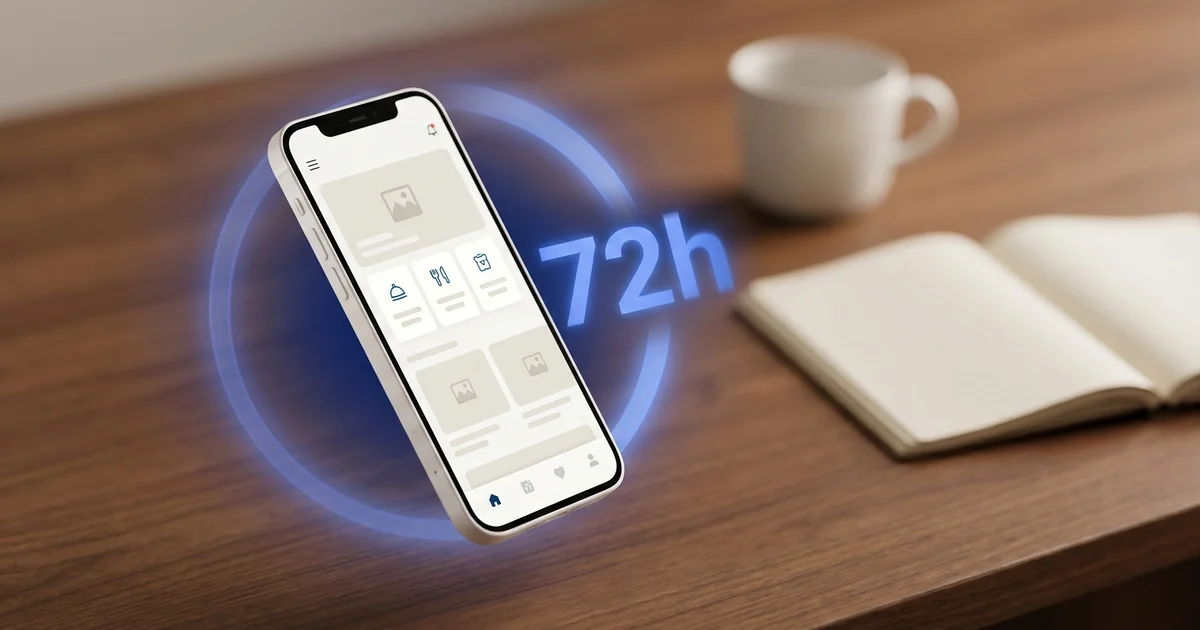 Un smartphone flottant affichant une application de restaurant, entouré d’un anneau lumineux bleu portant l’inscription 72h, sur un bureau en bois avec une tasse de café et un carnet ouvert