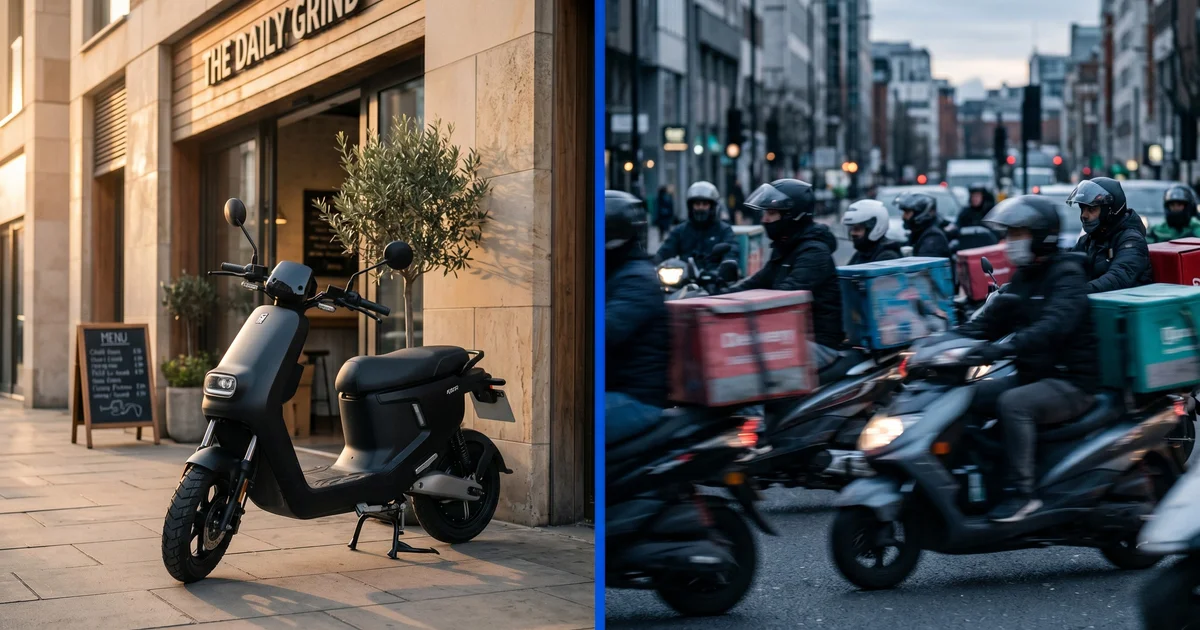 Image divisée : à gauche un scooter de livraison sobre garé devant un restaurant, à droite une nuée floue de scooters de livraison en mouvement dans la ville