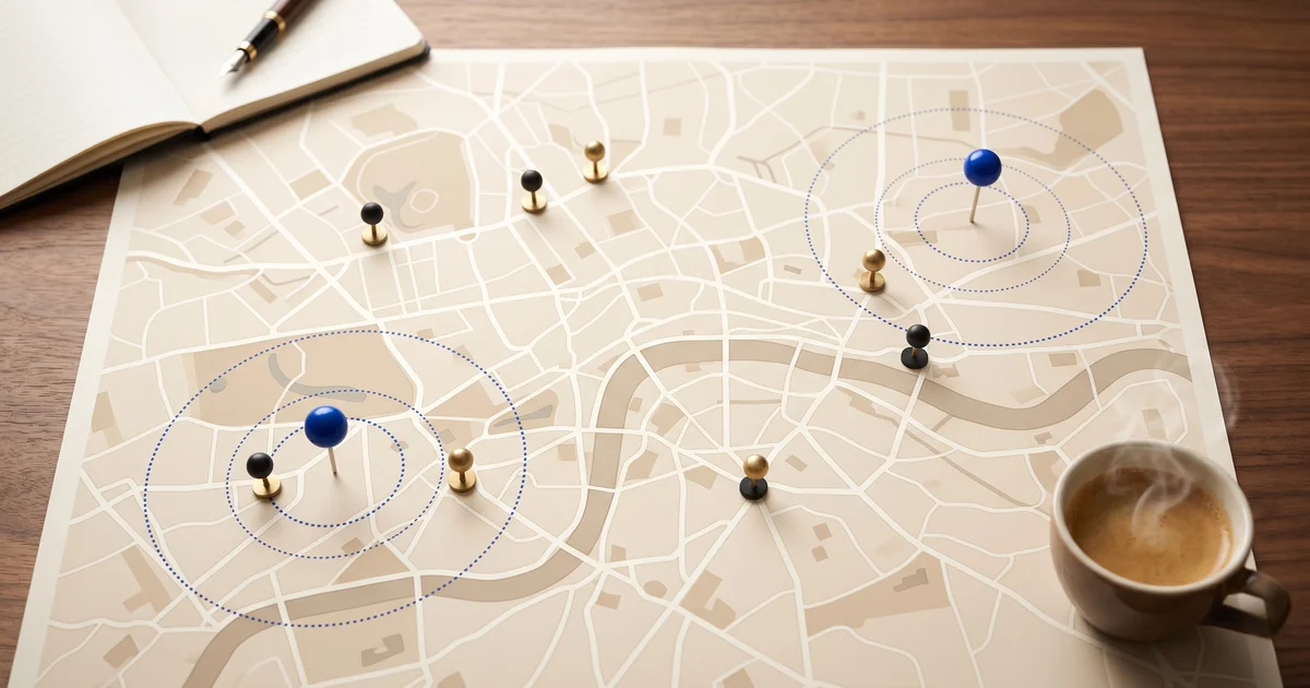 Carte papier d’une ville stylisée en beige posée sur un bureau en bois, parsemée de petites épingles noires et de trois épingles bleues entourées de cercles concentriques pointillés marquant les zones de livraison, avec un carnet ouvert et une tasse de café