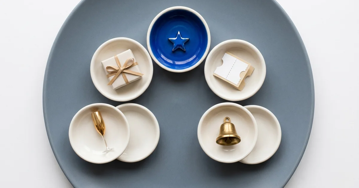 Cinq petits ramequins en céramique disposés en arc sur une assiette grise, contenant respectivement une étoile bleue, un cadeau emballé, un coupon, une coupe de champagne et une clochette