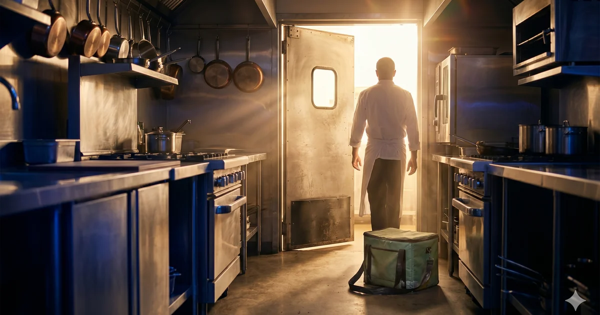 Une cuisine professionnelle en acier inoxydable avec une porte ouverte laissant entrer une lumière dorée, un chef de dos sort en laissant un sac isotherme de livraison abandonné au sol