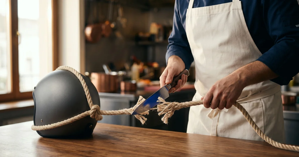 Un chef en tablier blanc coupe avec un couteau une corde épaisse attachée à un casque de scooter de livraison posé sur une table de cuisine en bois
