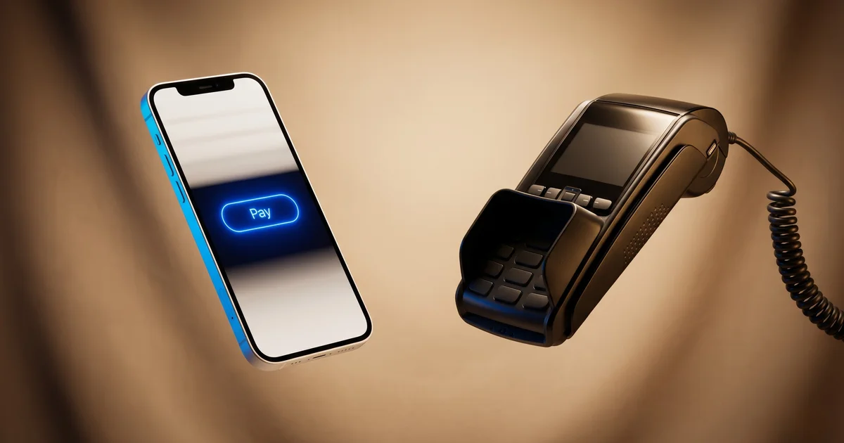 Un smartphone flottant affichant un bouton de paiement bleu lumineux face à un terminal de paiement bancaire avec son cordon, sur un fond beige chaleureux