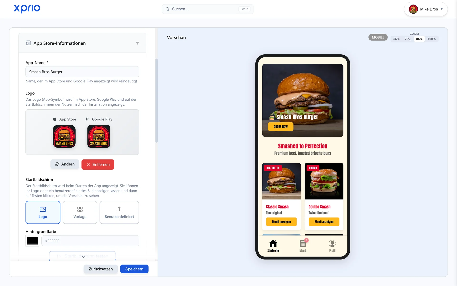 Anpassung der mobilen Restaurant-App: individuelles Logo, Farben und Design mit XPRIO