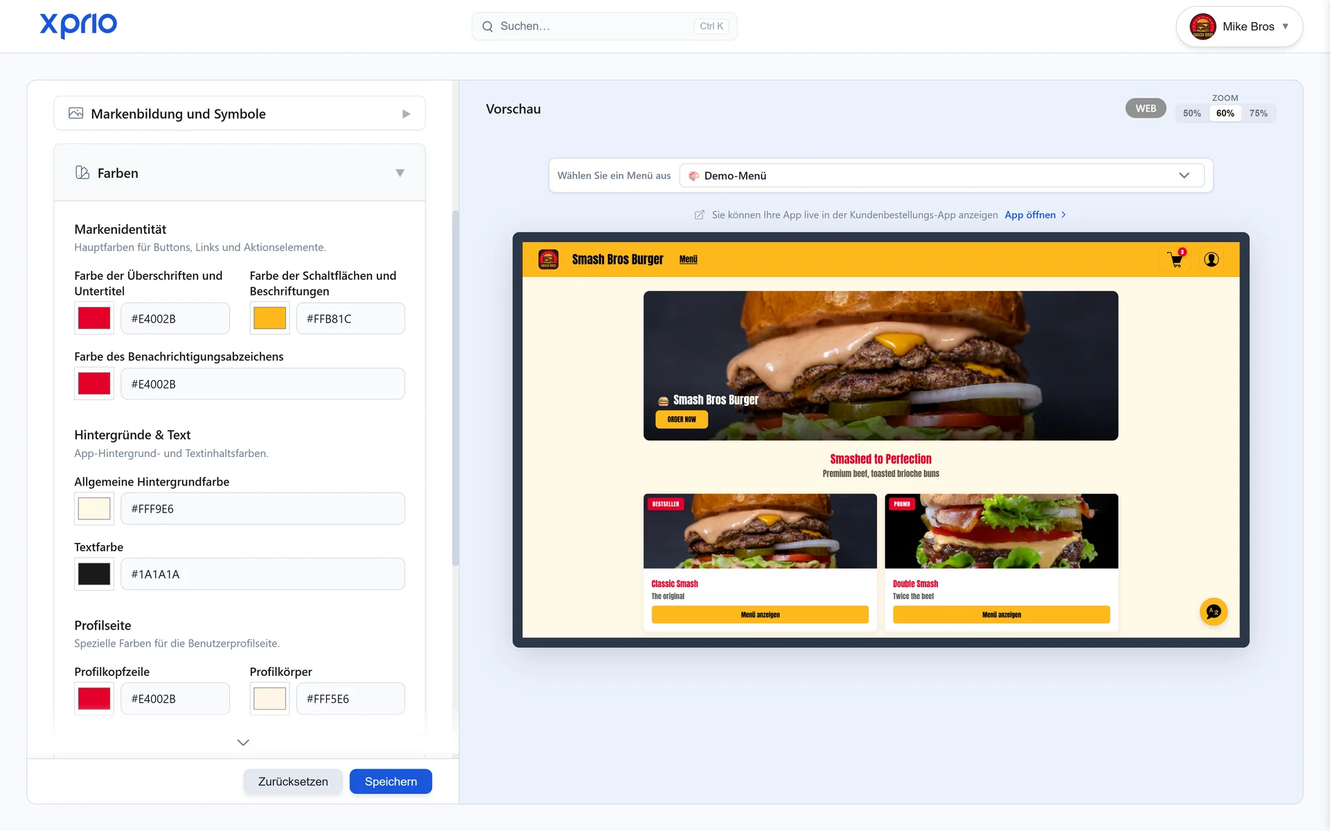 Restaurant App Theme Anpassung, maßgeschneiderte Farben und Stil XPRIO