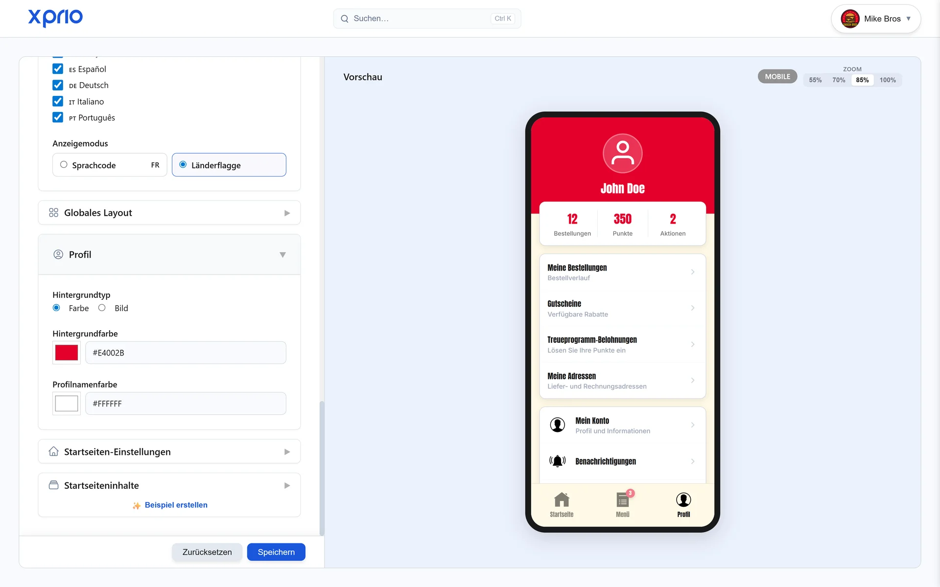 Restaurant Mobile App Live-Vorschau, visueller Echtzeit-Editor XPRIO