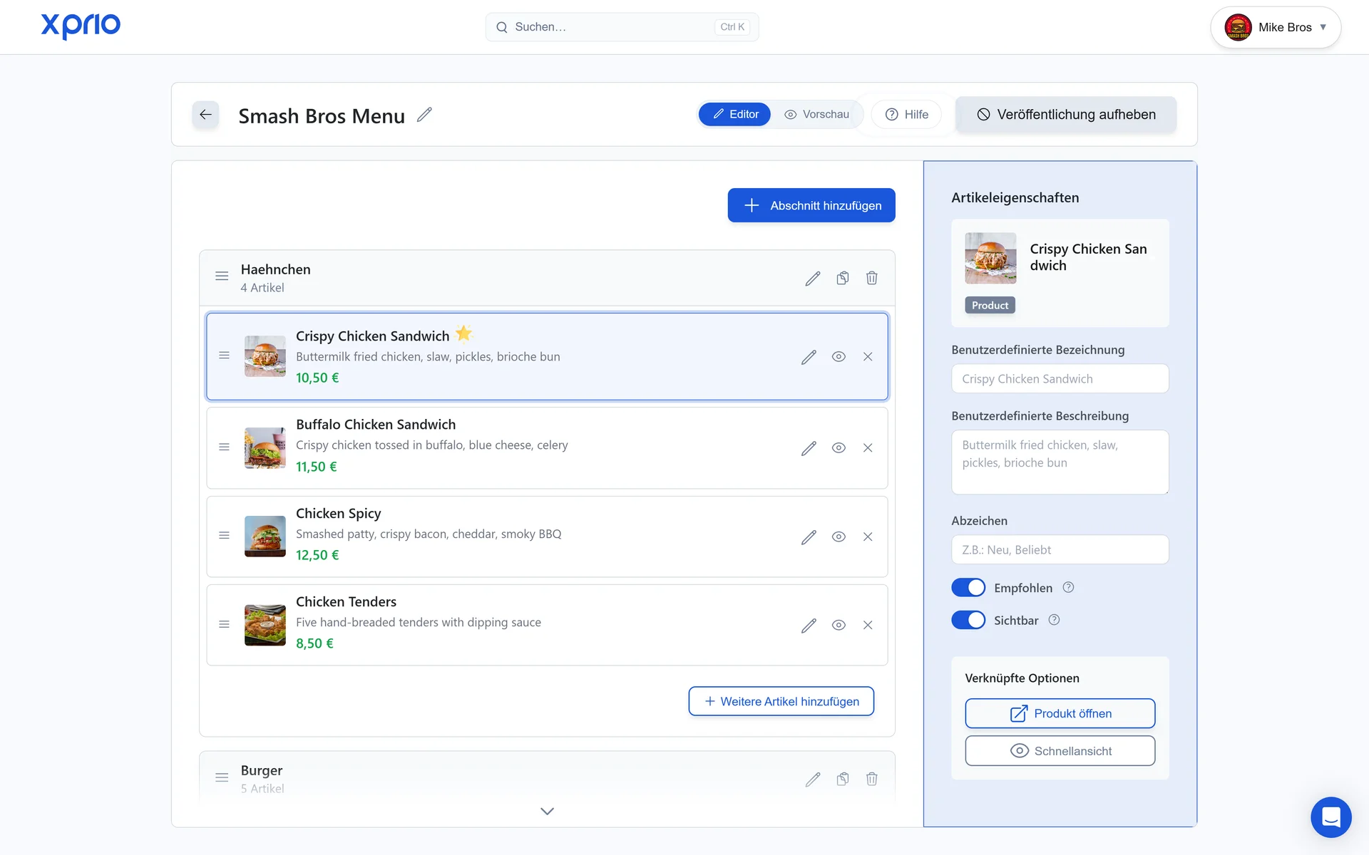 Digitaler Menü-Editor für Restaurants: Verwaltung von Sektionen und Produkten in Echtzeit mit XPRIO
