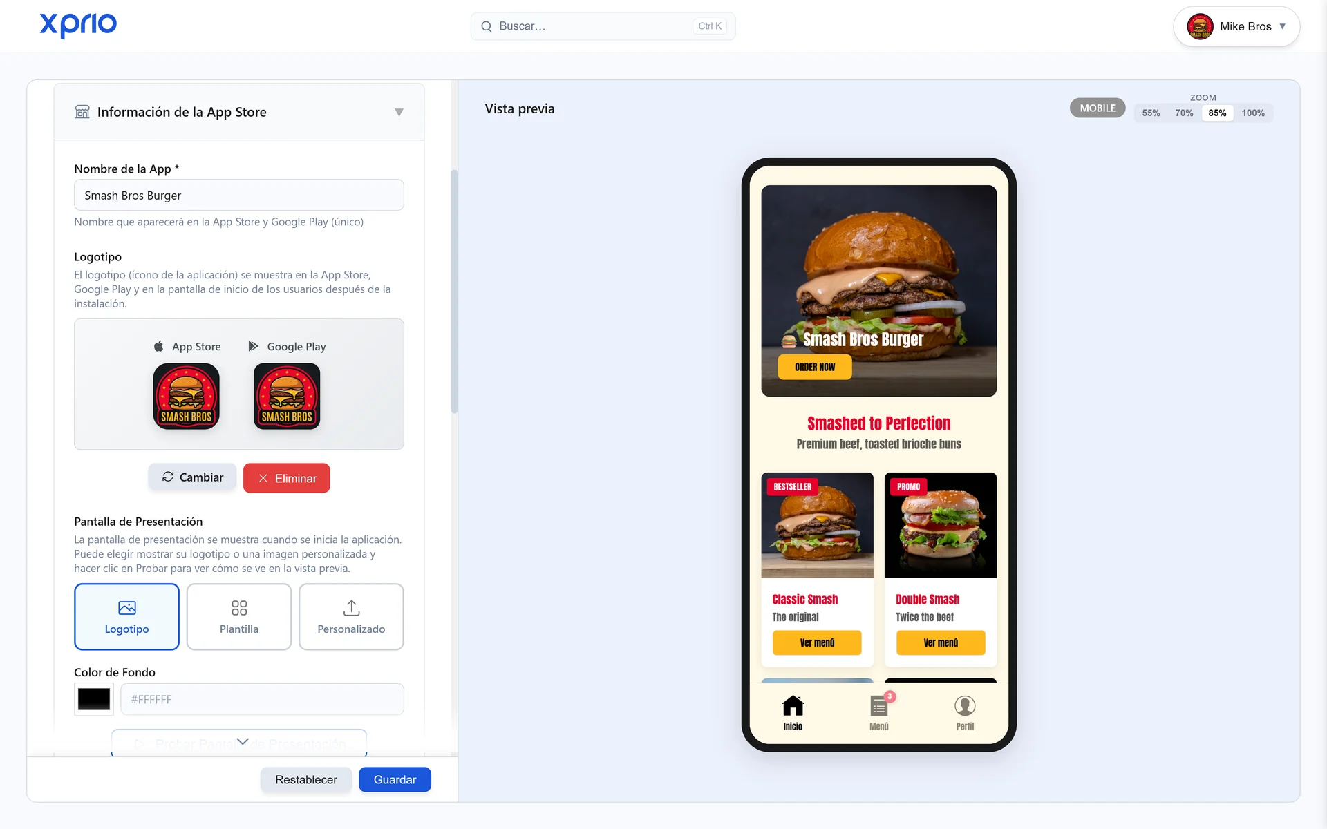 Personalización de aplicación móvil para restaurante: logo, colores y tema a medida con XPRIO