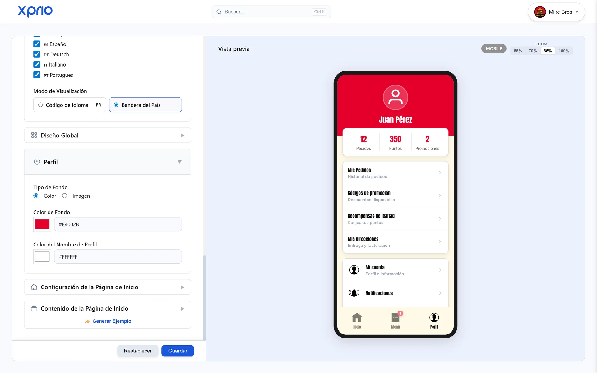 Vista previa en vivo de la app móvil, editor visual en tiempo real XPRIO