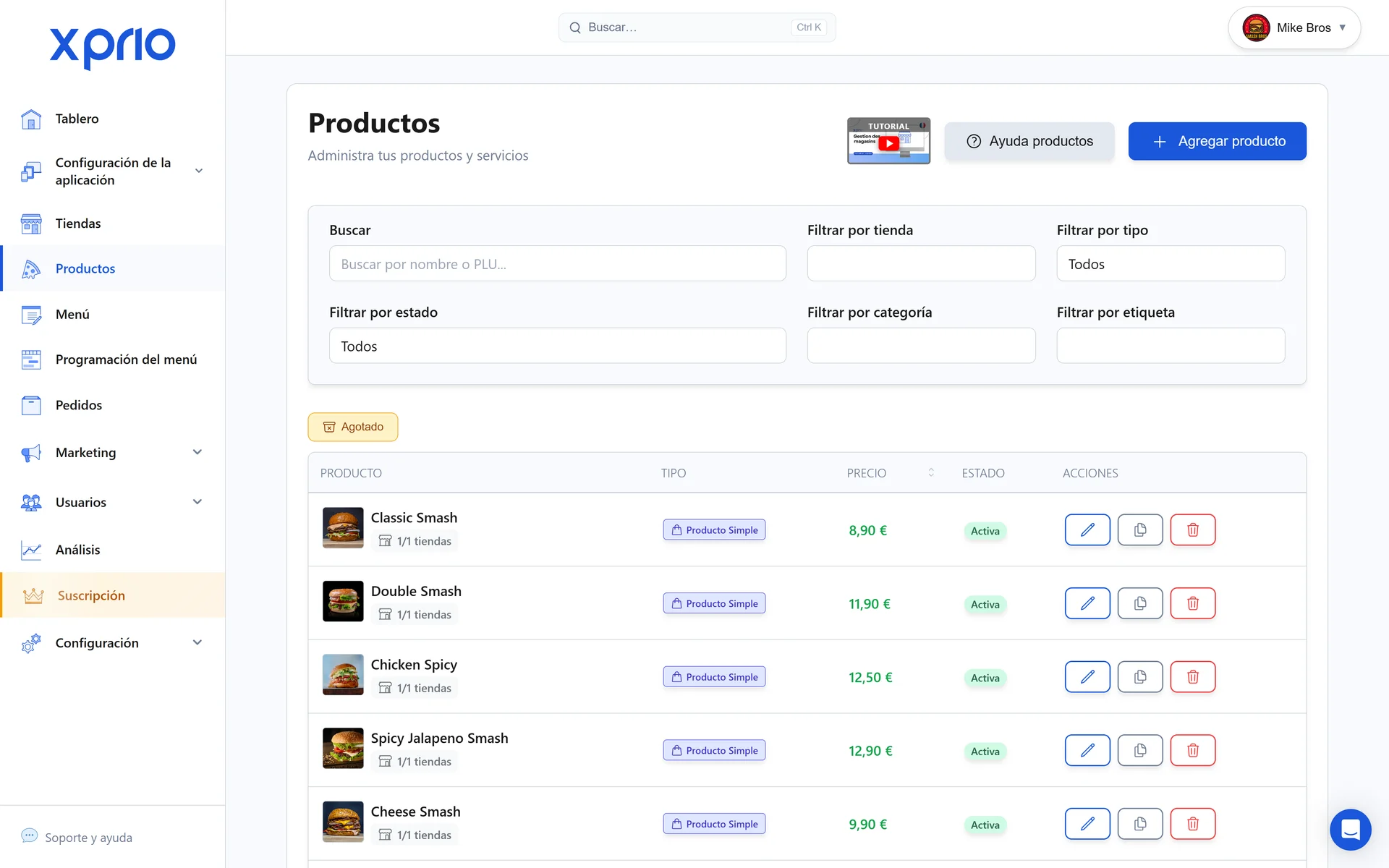 Gestión de productos y stock para restaurante: interfaz de administración XPRIO