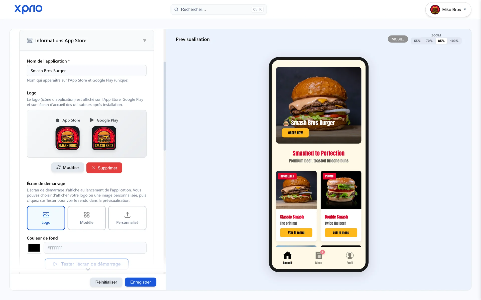 Personnalisation application mobile restaurant : logo, couleurs et thème sur mesure XPRIO