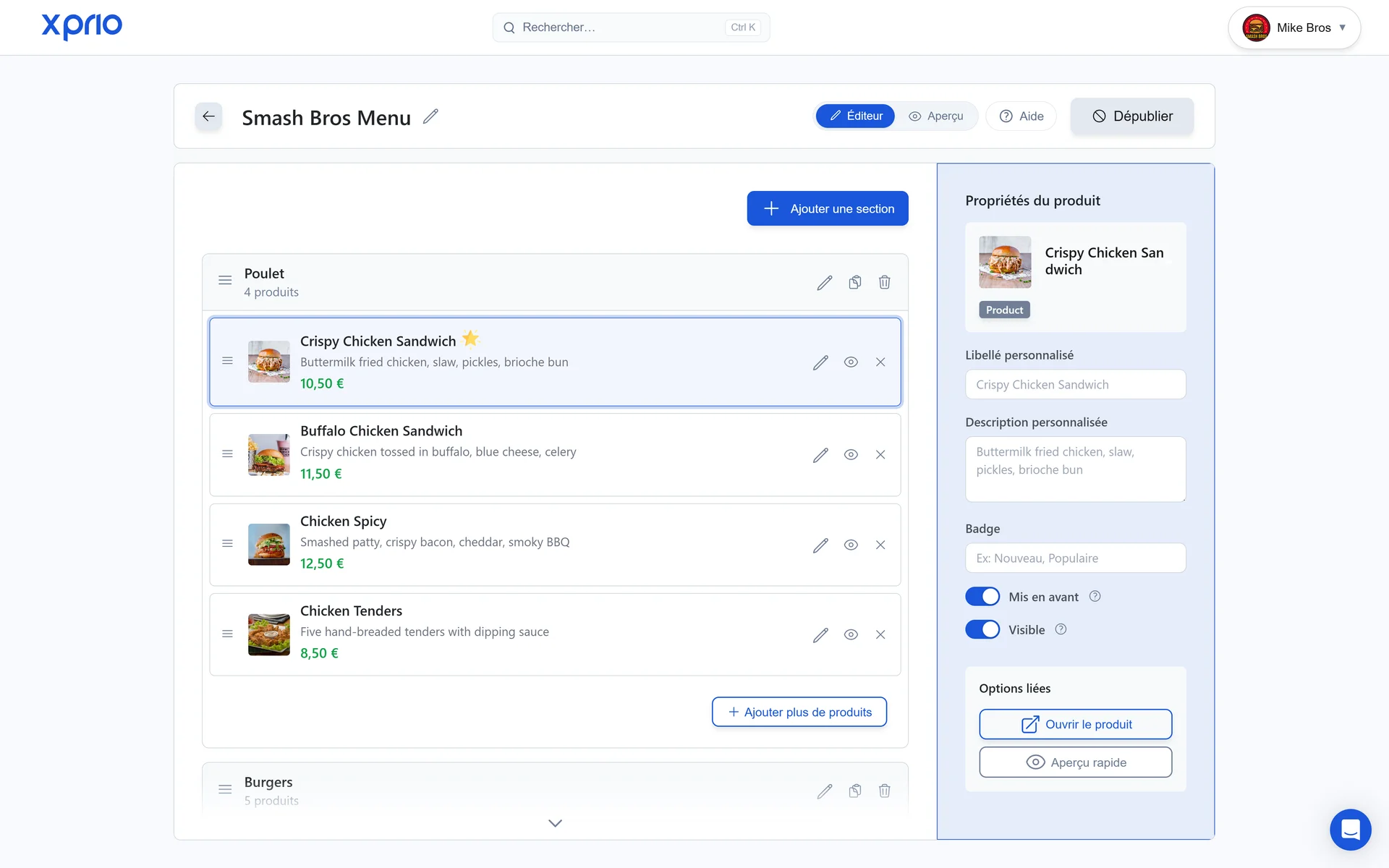 Éditeur de menu digital restaurant : gestion sections et produits en temps réel XPRIO