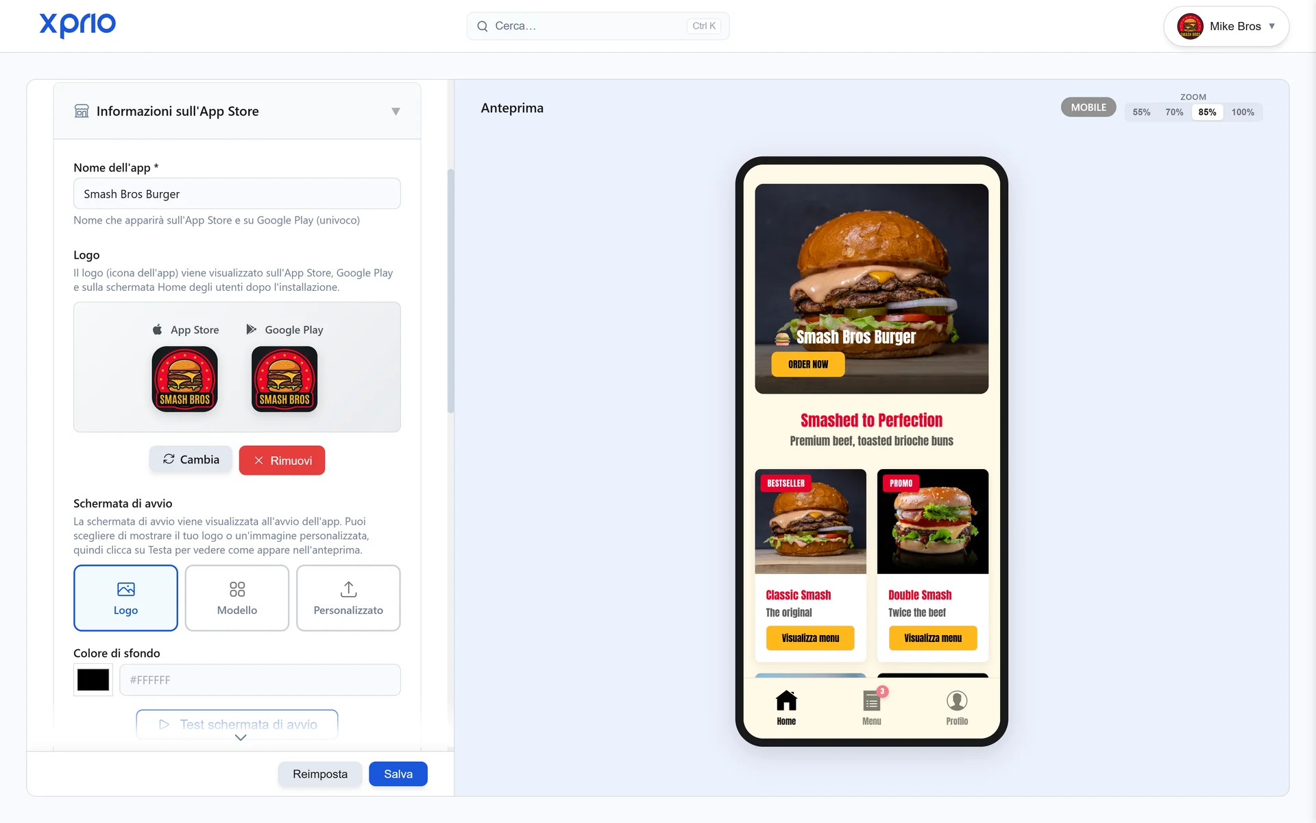 Personalizzazione applicazione mobile per ristorante: logo, colori e tema su misura con XPRIO