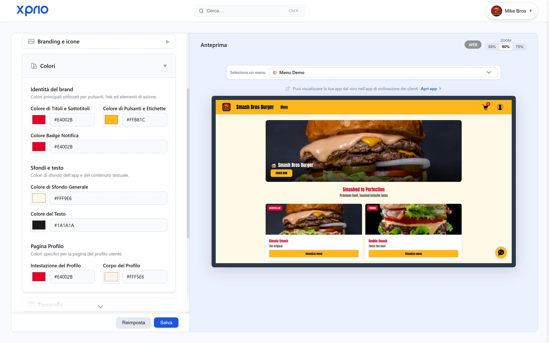 Personalizzazione tema app ristorante, colori e stile su misura XPRIO