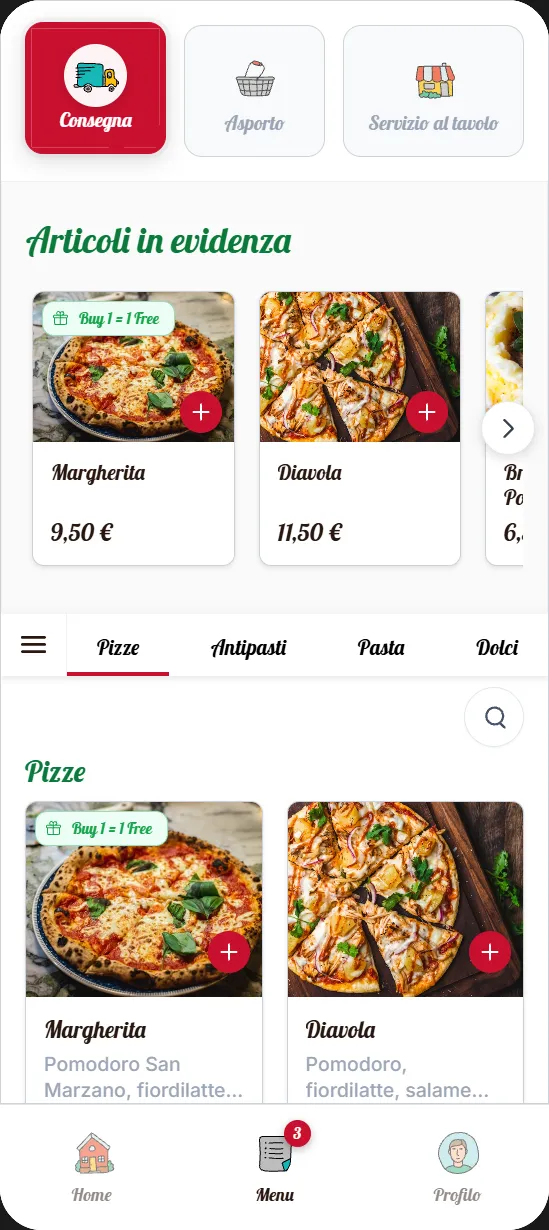 Aperçu de l'app mobile cliente : thème Bella Napoli