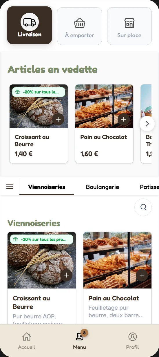 Aperçu de l'app mobile cliente : thème Maison Léa