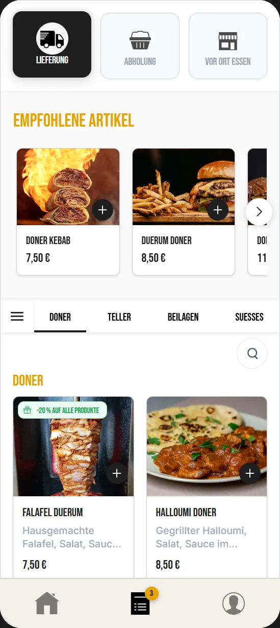Aperçu de l'app mobile cliente : thème Berlin Döner